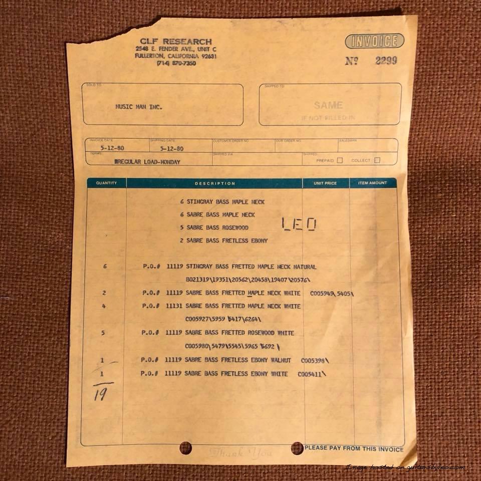  May 12, 1980 invoice for instruments produced and shipped to Music Man, Inc