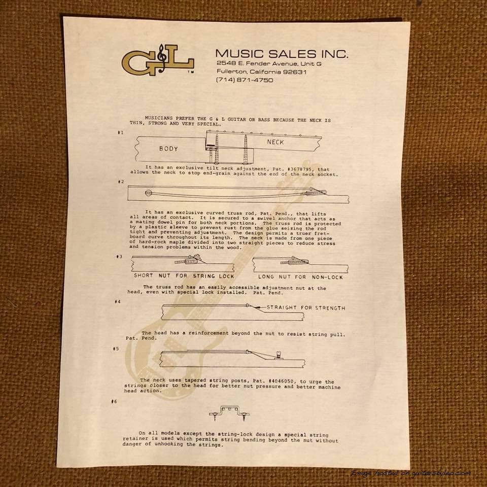  circa 1983 neck features sheet by G&L Music Sales, Inc