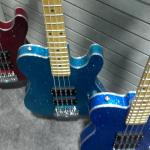 ASAT Bass Tom Hamilton Signature models in Red, Turquoise, and Blue Metal Flake finishes