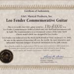 Certificate of Authenticity for Leo Fender Commemorative Guitar