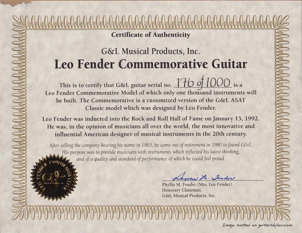 COA for Leo Fender Commemorative Guitar