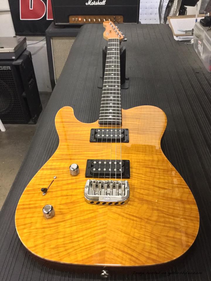 Lefty AD in Honey over flame maple on mahogany