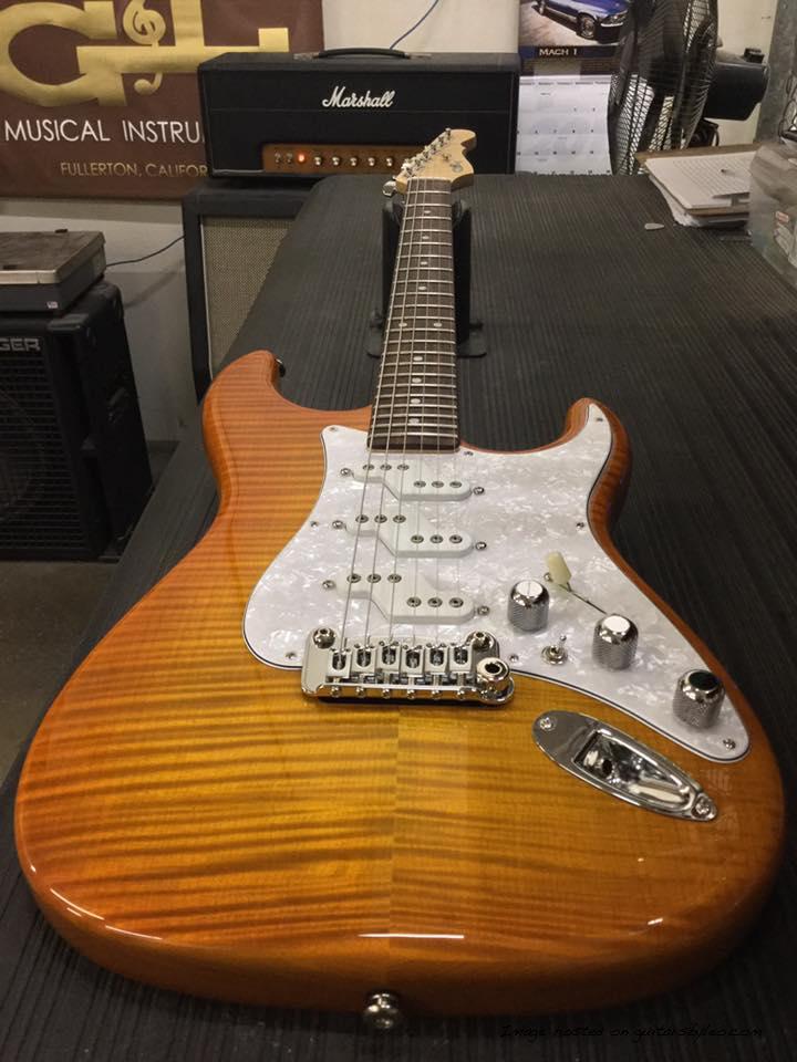 Comanche in Honeyburst over flame maple on swamp ash-rw board