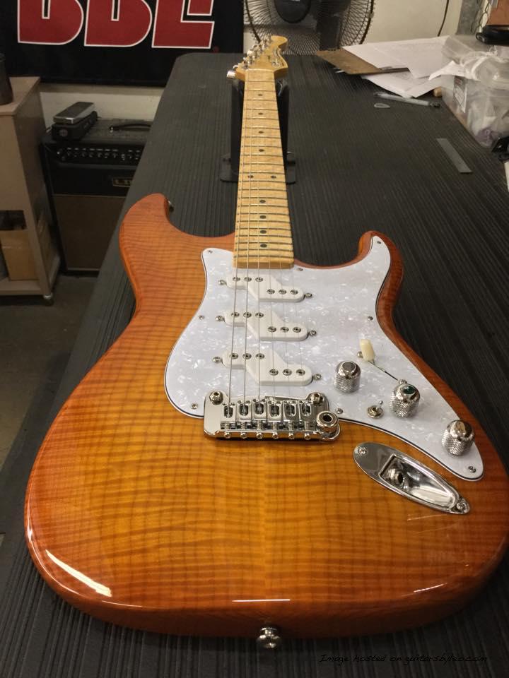 Comanche in Honeyburst over flame maple on swamp ash BE fb
