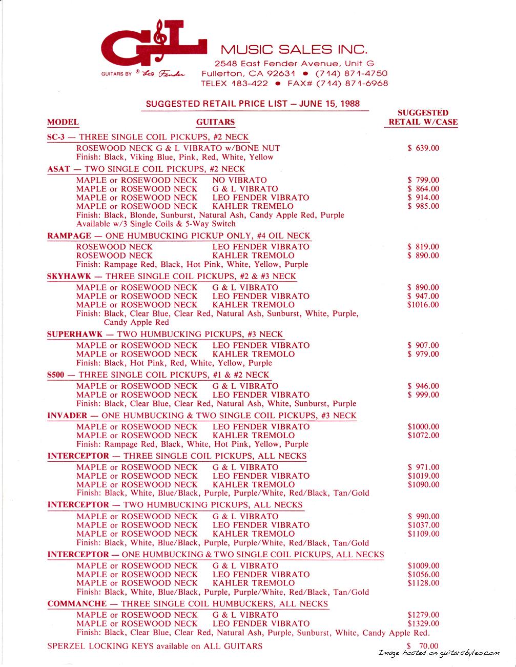 G&L June 15, 1988 Pricelist Page 1