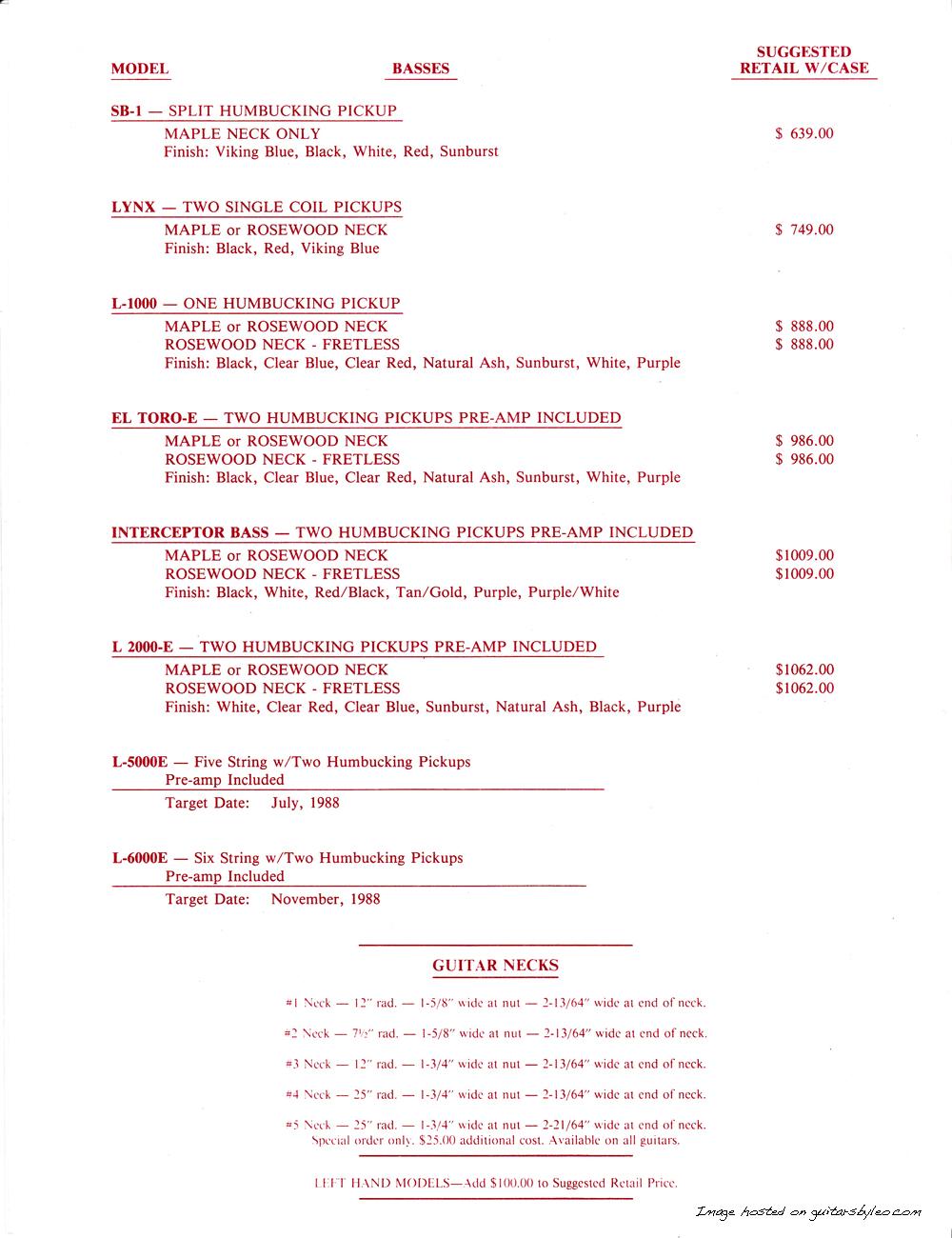 G&L June 15, 1988 Pricelist Page 2