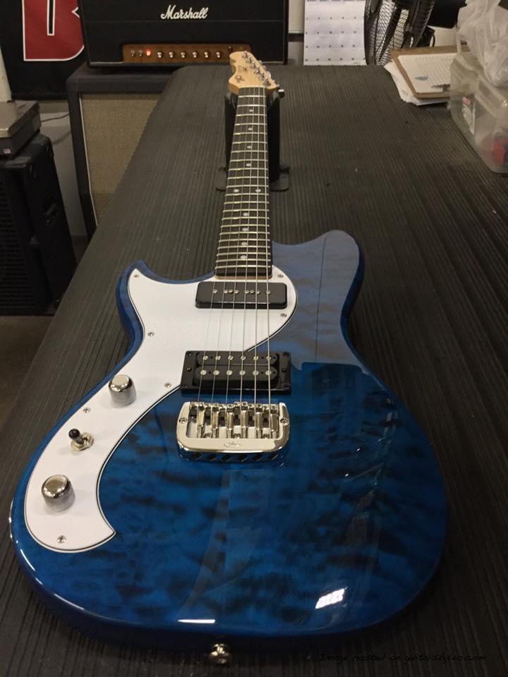 lefty Fallout in Clear Blue over quilt maple on swamp ash CLF079497