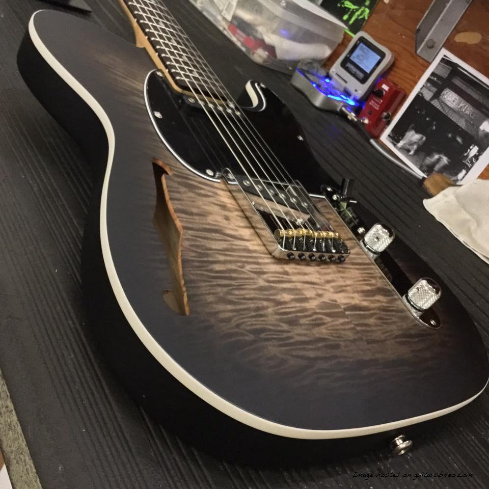 ASAT Classic Semi-Hollow in Blackburst Frost over flame maple on swamp ash body close up