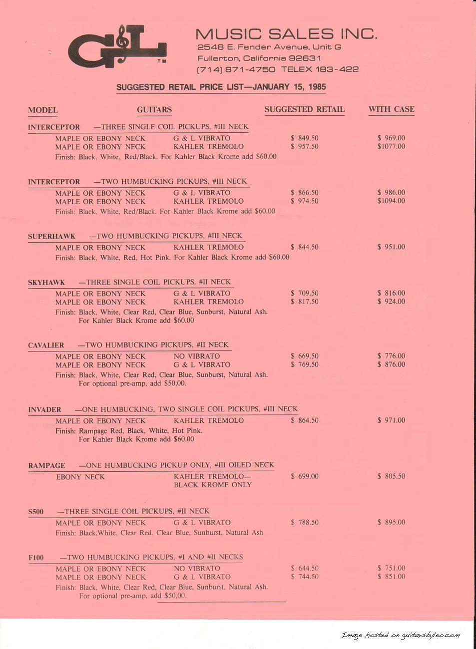 1-15-85 G&L Price List page 1