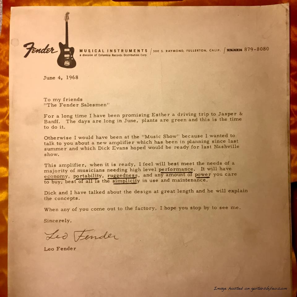 Leo Fender to Fender Salesmen on CBS:Fender letterhead