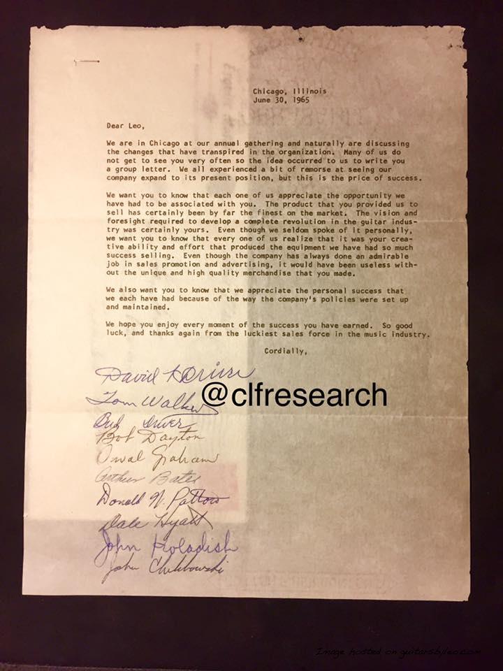 June 30, 1965 - a heartwarming thanks and farewell letter from Fender Salesmen to Leo