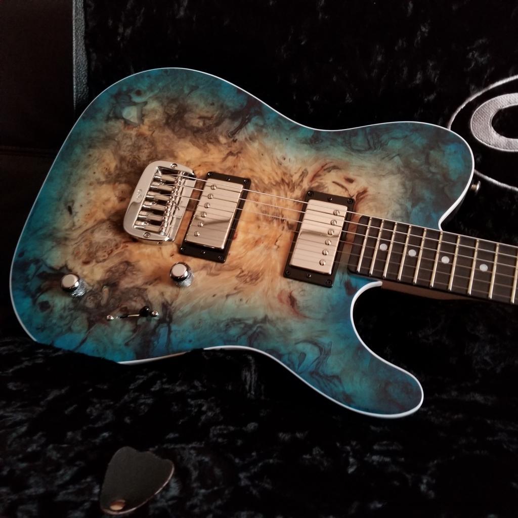 ASAT Deluxe HH RMC with Buckeye Burl top over Okoume finished in Blue Burst Trans-1