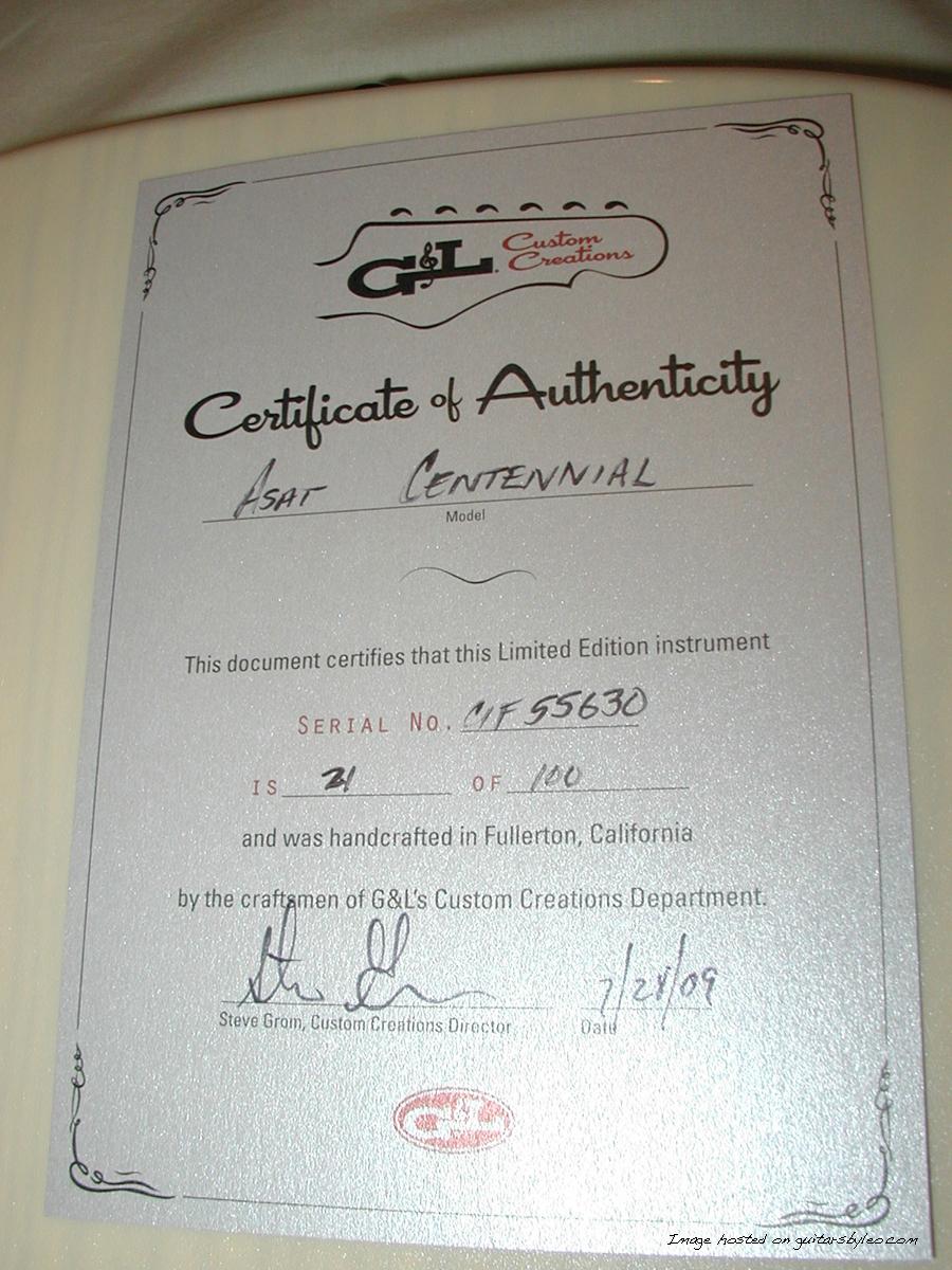 G&L C.L.F. Centennial Silver Certificate of Authenticity