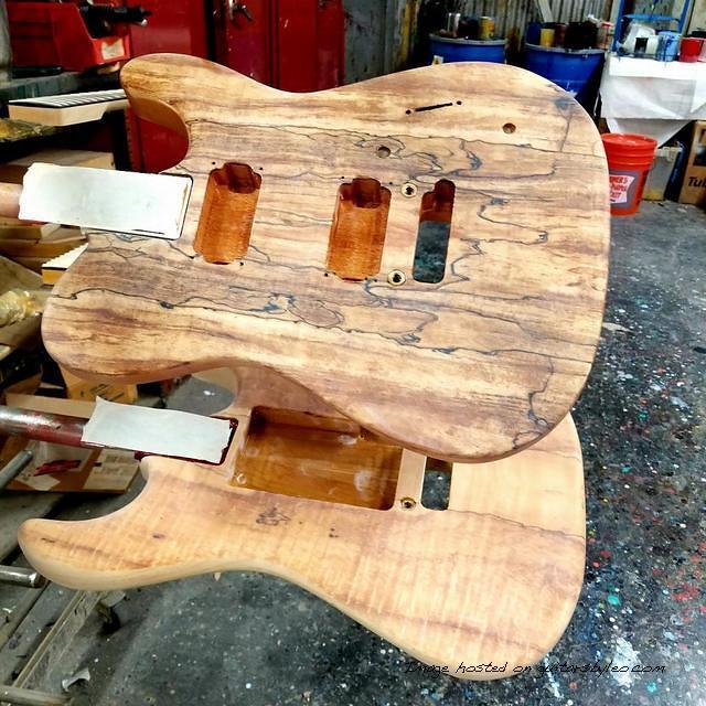 The G amp L Custom Shop Spalted Maple siblings ready for color
